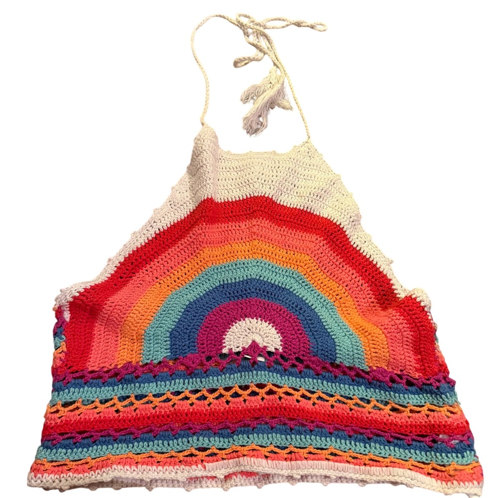 Y2K Cropped Halter Rainbow Crochet Medium Boho Festival Pride
